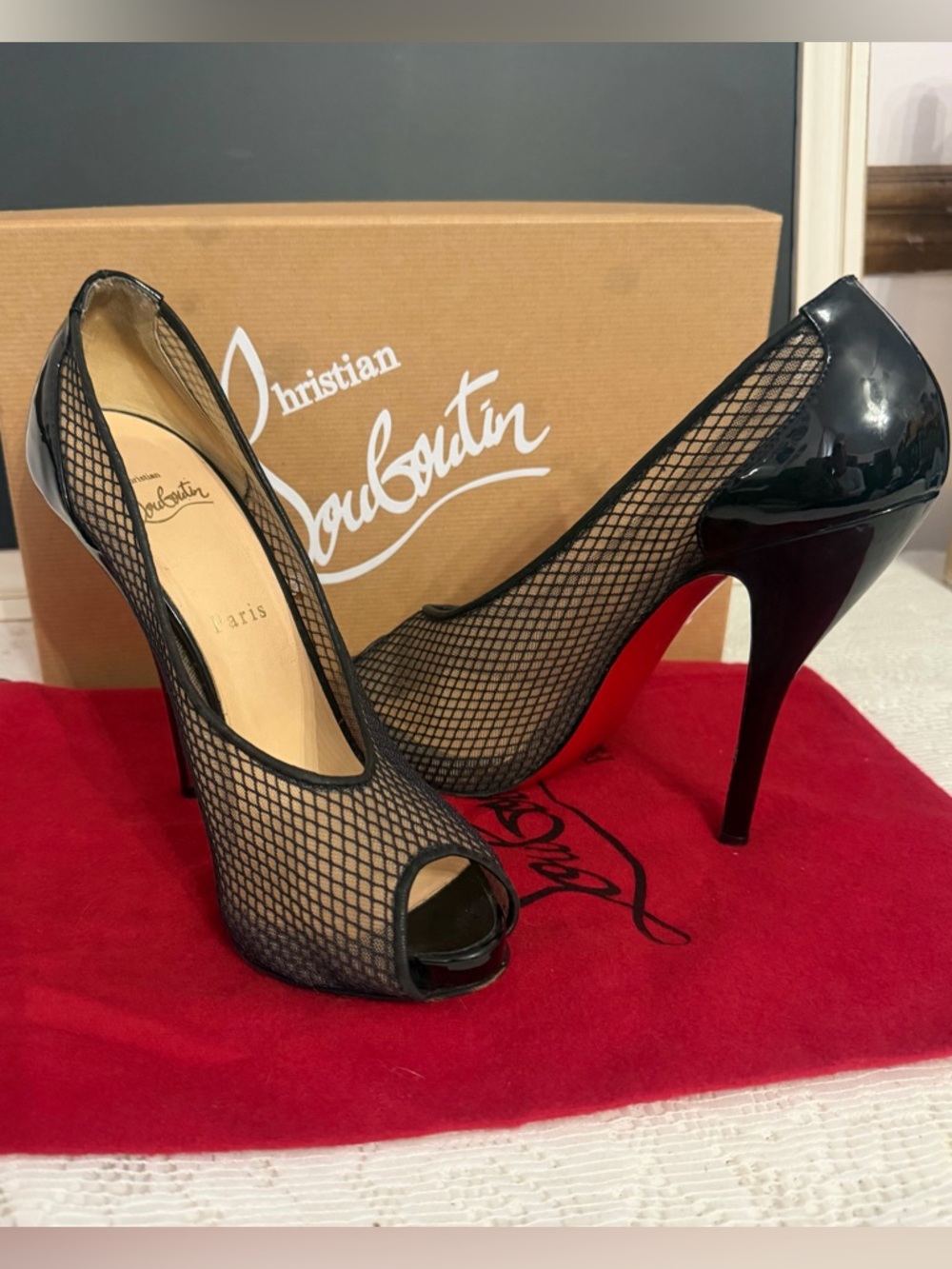 Christian Louboutin Black Mesh Peep-Toe Pumps Fits 7.5 or maybe 7.